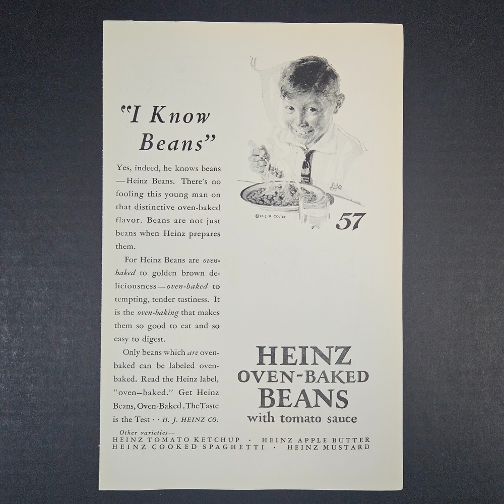 1927 Heinz‎ Oven-Baked Beans With Tomato Sauce Vintage Print Ad 57 Young Man